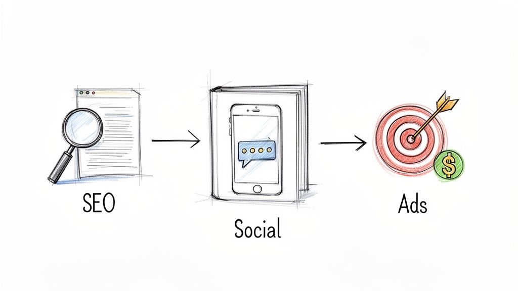 A hand-drawn diagram illustrating a digital marketing strategy flow from SEO to Social media and then to Ads.