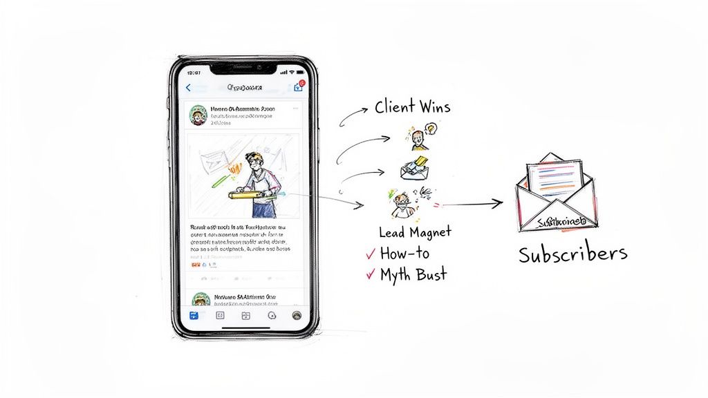 Diagram showing social media posts converting to email subscribers via client wins, lead magnets, and how-to content.