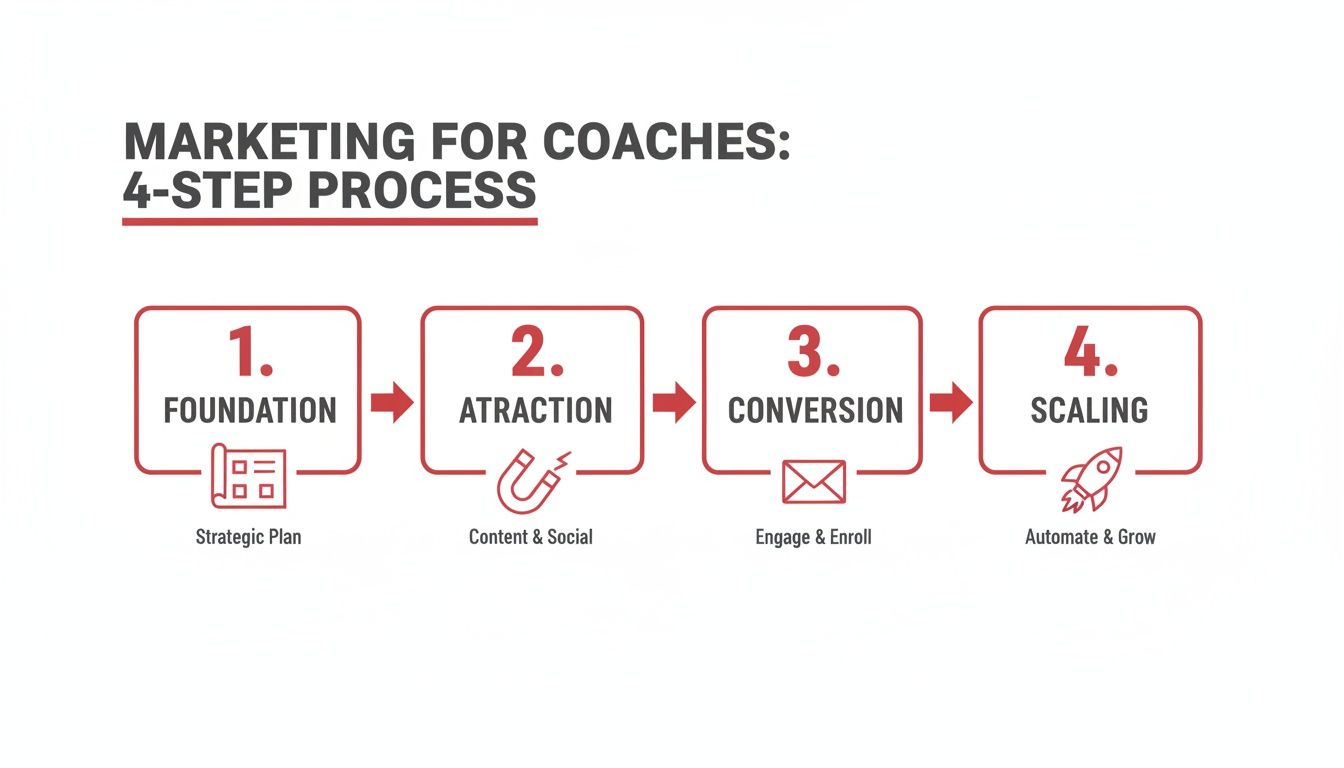A visual guide detailing a 4-step marketing process for coaches: Foundation, Attraction, Conversion, and Scaling.