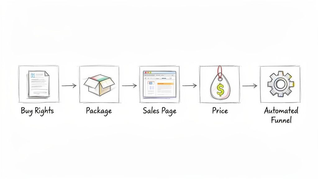 A five-step business process diagram for selling products: Buy Rights, Package, Sales Page, Price, Automated Funnel.