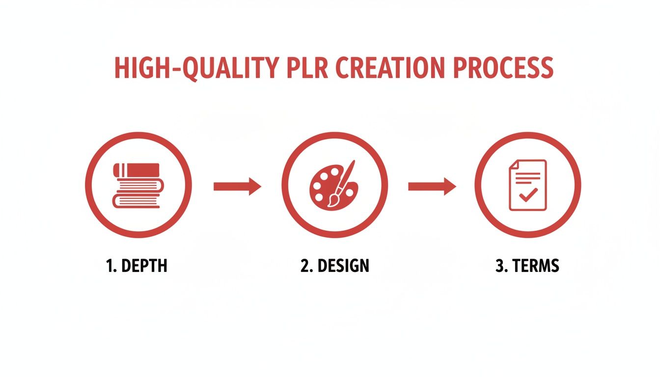 Diagram showing the high-quality PLR creation process, outlining steps: Depth, Design, and Terms.
