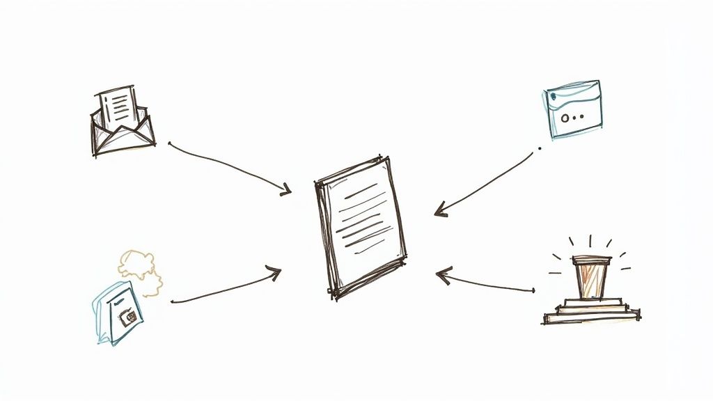 Hand-drawn illustration showing a central document being informed by various external sources.