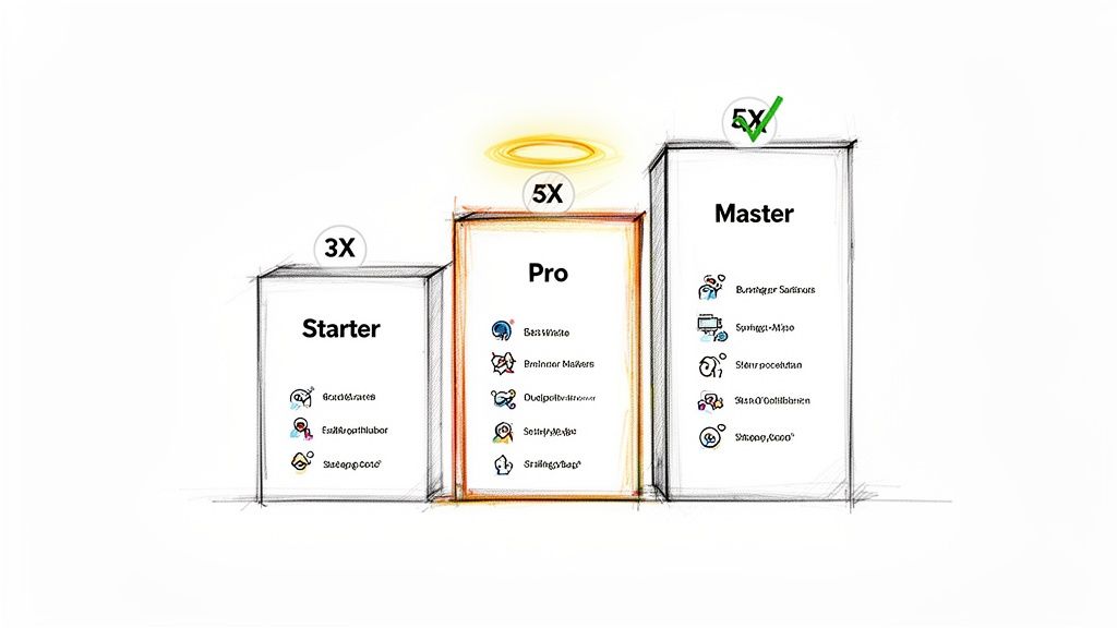 Three product tiers: Starter (3X), Pro (5X), and Master (5X with checkmark), listing various features.