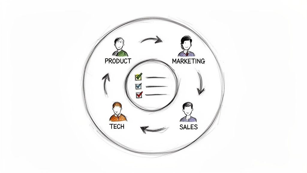 Diagram showing product, marketing, sales, and tech teams collaborating in a continuous cycle with a checklist.