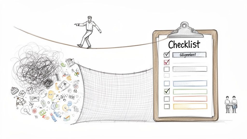 An illustration of a man on a tightrope above a messy problem, guided by a checklist.