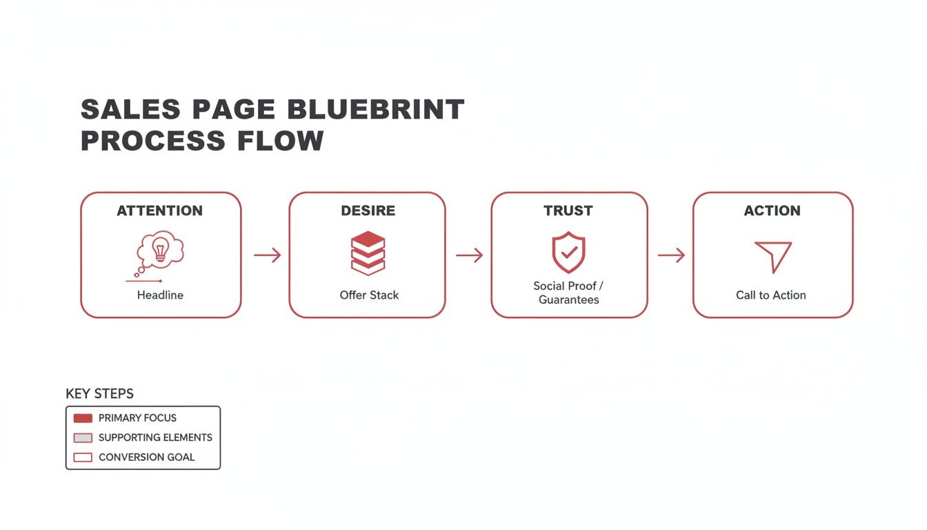 A sales page blueprint process flow diagram illustrating attention, desire, trust, and action stages.