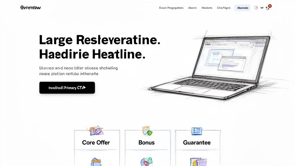A clean, modern sales page template design featuring a laptop illustration and key offer sections.