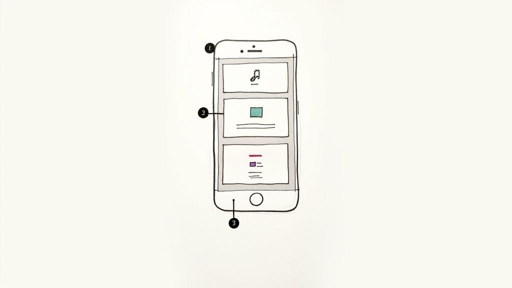 A hand-drawn sketch of a smartphone screen displaying three distinct content blocks with icons and text.