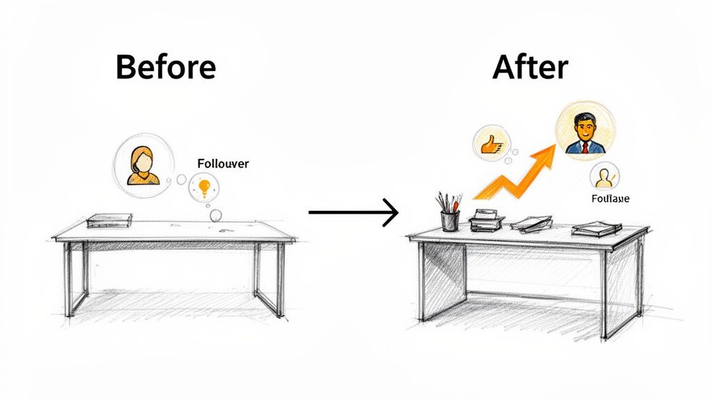 A graphic illustrating social media growth, showing a desk with one follower before and increased engagement after.