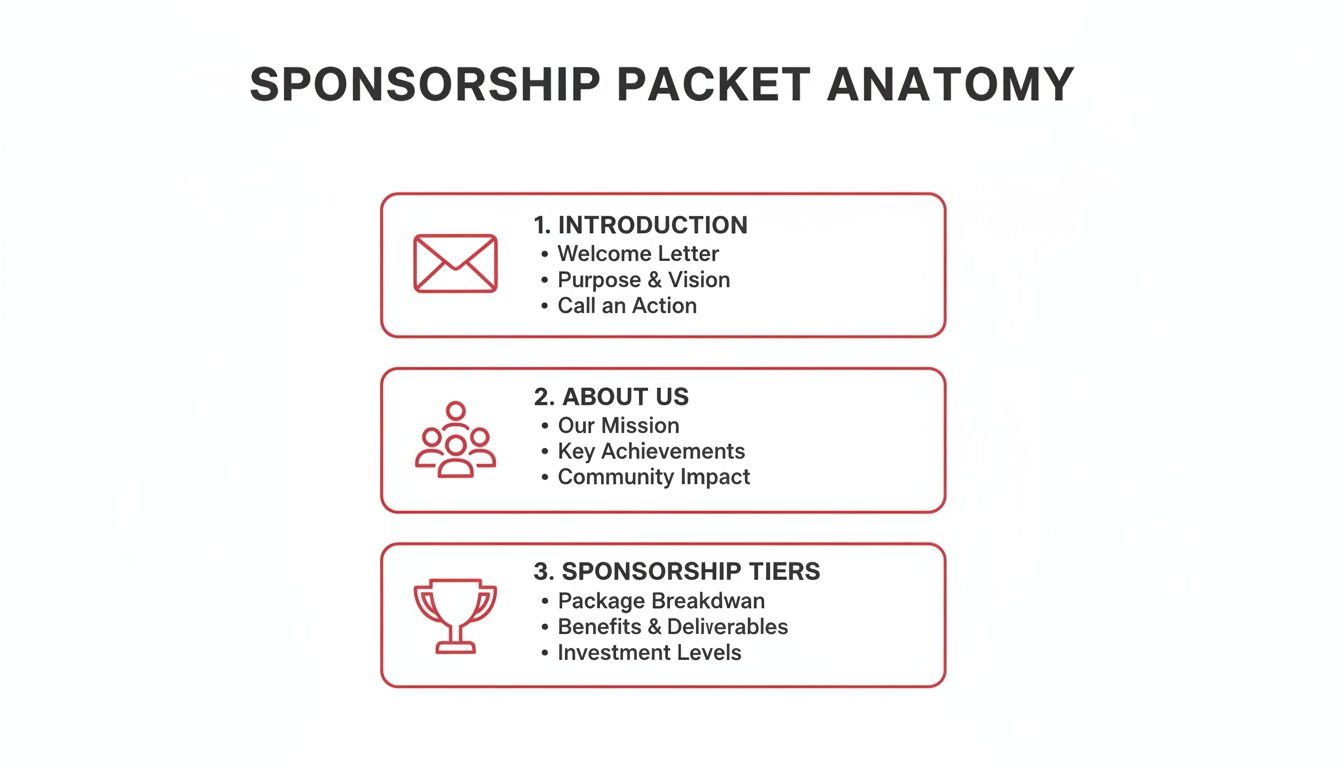 A detailed diagram showcasing the anatomy of a sponsorship packet, outlining its key sections and components.