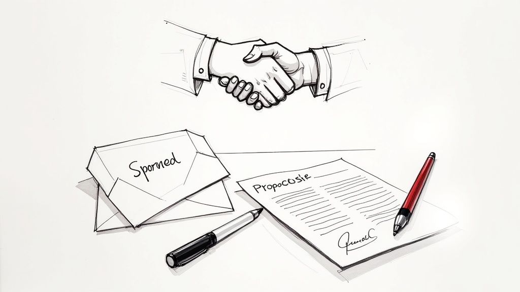 Two hands shaking above a 'Sponsored' envelope, a signed document labeled 'PROPOCOSie', and two pens.