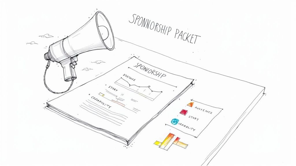A hand-drawn illustration of a megaphone next to a sponsorship packet document with charts and key elements.