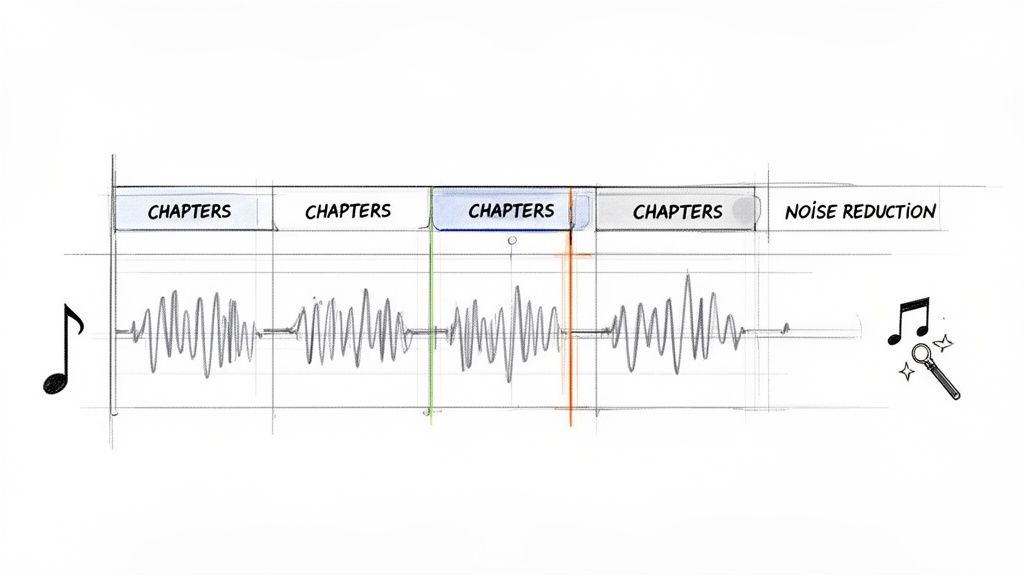 An audio editing timeline showing multiple 'CHAPTERS' segments, a waveform, and a 'NOISE REDUCTION' section.