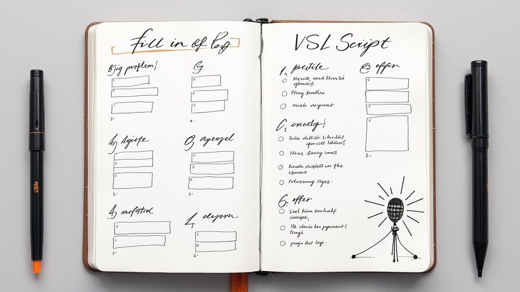 Open notebook showing video sales letter script template with sections and microphone sketch illustration