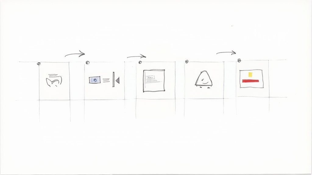 Hand-drawn storyboard showing five sequential frames depicting video sales letter production workflow process