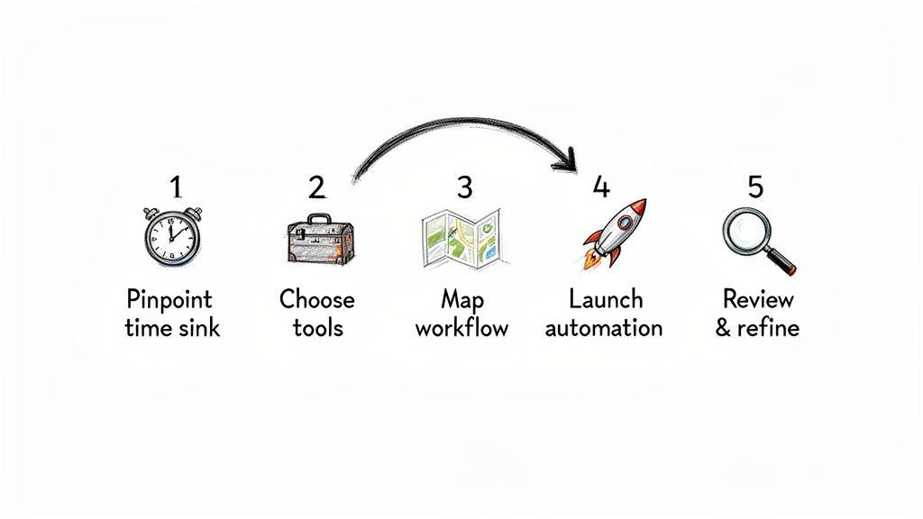 A five-step process for workflow automation, including pinpointing time sinks, choosing tools, and refining.