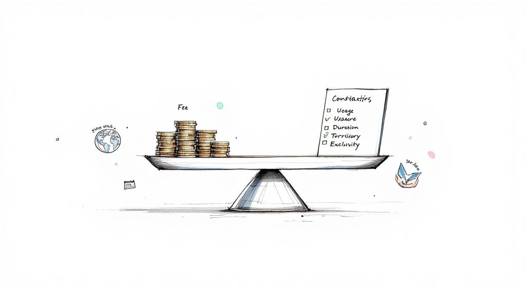 Illustration of a balance scale with a fee (coins) on the left and content licensing terms on the right.