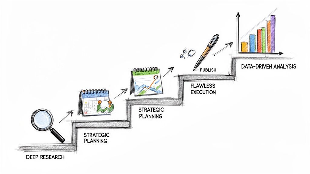 Hand-drawn illustration depicting a strategic workflow from deep research to data-driven analysis.