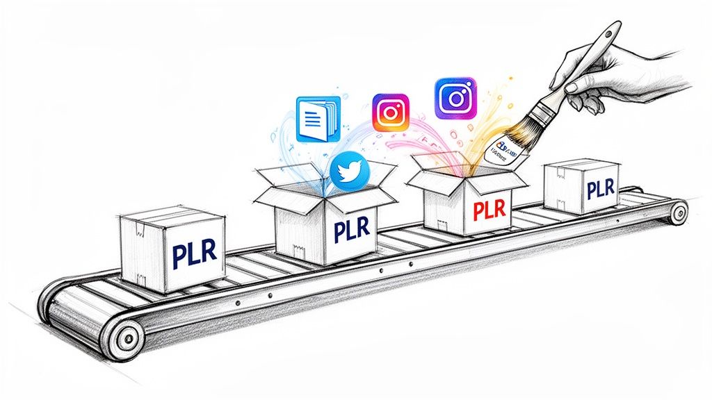 Sketch of PLR content on a conveyor belt, showing repurposing for social media and customization.