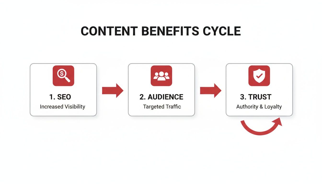 Infographic showing the content benefits cycle: SEO, Audience, and Trust, with arrows indicating flow.