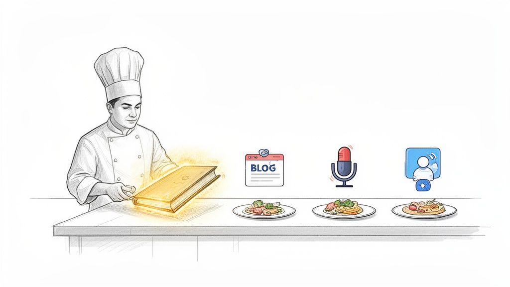 A chef holding a glowing cookbook, with food plates and icons for blog, podcast, and video call.