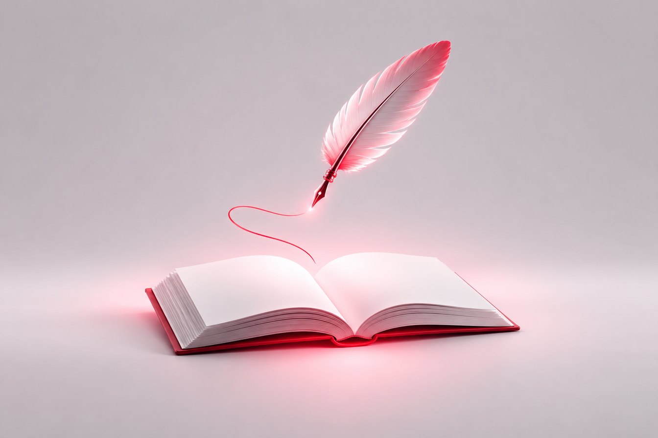 A glowing quill writing by itself above an open blank book, illustrating ghostwriting