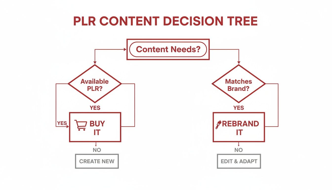 A PLR content decision tree flowchart showing steps from content needs to buying, rebranding, or creating content.