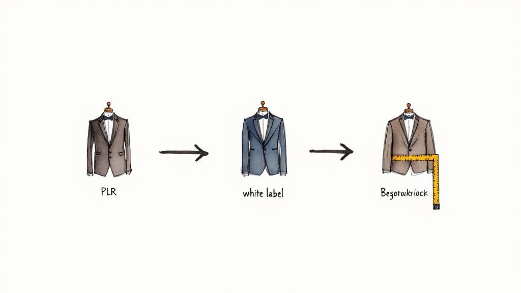 Illustration of three suits on mannequins: PLR, white label, and bespoke, showing a progression.