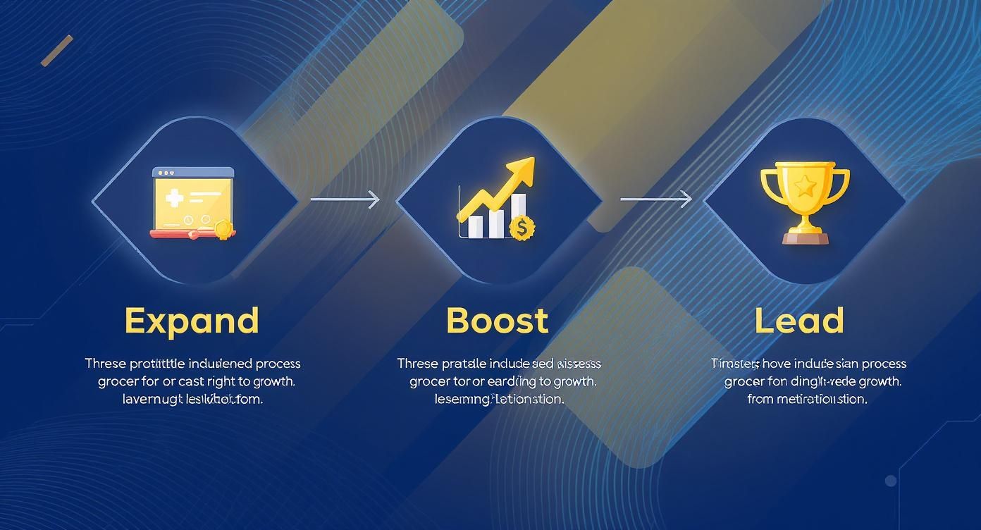 Infographic showing a business process with three stages: Expand, Boost, and Lead, each with an icon.