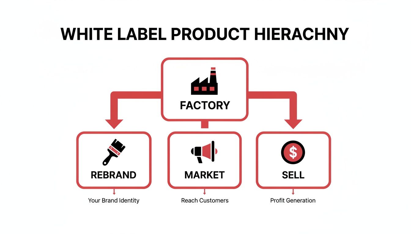 Diagram illustrating the white label product hierarchy, from factory to rebranding, marketing, and selling.