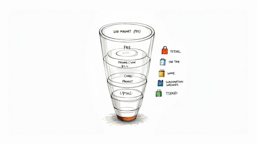 A hand-drawn illustration of a sales funnel showing stages from lead magnet to upsells, with a product type legend.