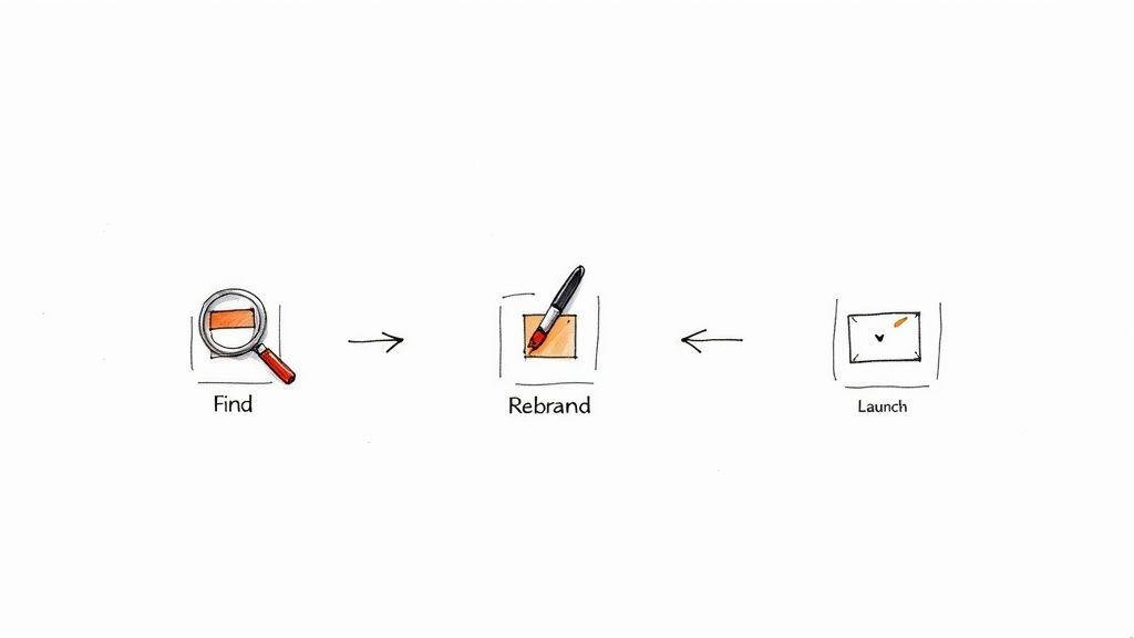 Hand-drawn diagram illustrating a three-step process: Find, Rebrand, and Launch, with arrows showing flow.