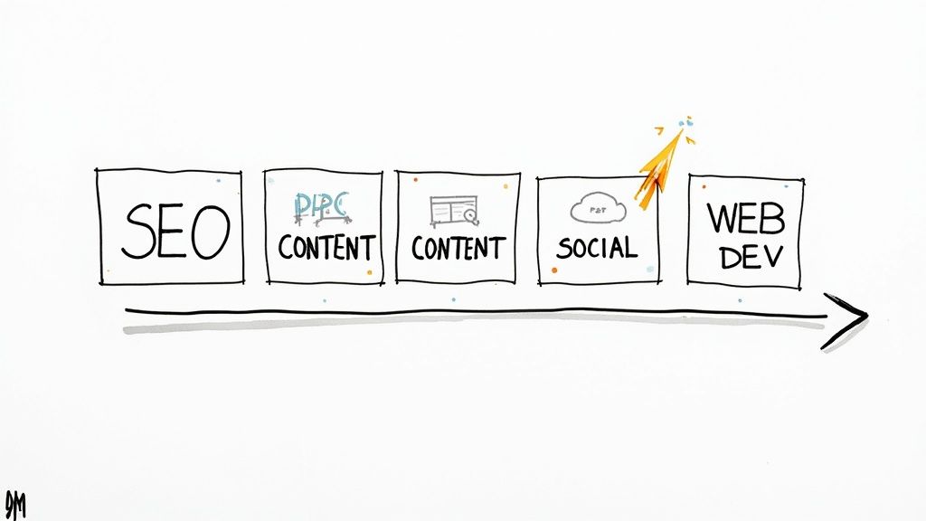 Hand-drawn diagram showing a sequence of digital marketing services: SEO, PPC Content, Content, Social, and Web Dev.